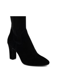 Black suede high-heeled ankle boot with pointed toe and block heel on white background.