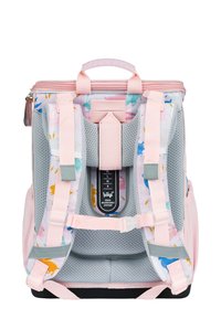 Zaino rosa e grigio con imbottitura in rete, spallacci regolabili e motivo floreale. Dotato di manico superiore e design ergonomico per il comfort.