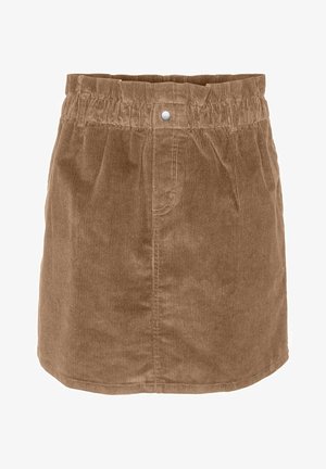 Mini falda de pana marrón con cintura elástica, que presenta rayas verticales y un detalle de broche en la parte frontal. Textura suave con un ajuste entallado.