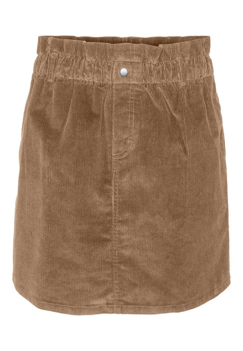 Gonna mini in velluto a coste marrone con vita elastica, caratterizzata da righe verticali e un dettaglio con chiusura frontale. Texture liscia con una vestibilità sartoriale.