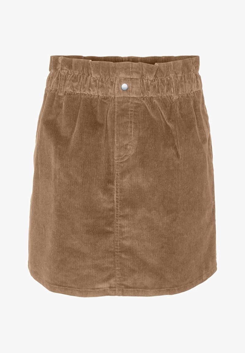 Gonna mini in velluto a coste marrone con vita elastica, caratterizzata da righe verticali e un dettaglio con chiusura frontale. Texture liscia con una vestibilità sartoriale.