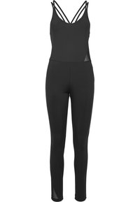 Body noir avec un décolleté en V, un design à double bretelle et des panneaux latéraux en mesh. Confectionné dans un tissu extensible avec une silhouette ajustée et des jambes longues.