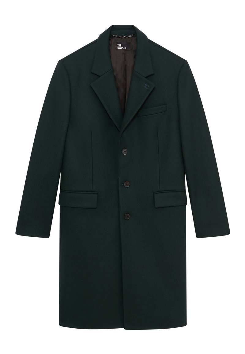 Dark green wool coat with a notched lapel, single-breasted design, three buttons, two front pockets, and a chest pocket. Smooth texture.