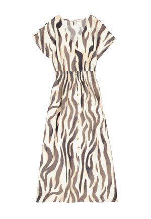Maxi-jurk met een beige en donkerbruine zebraprint, korte mouwen, V-hals, elastische taille en knopen aan de voorkant voor sluiting.