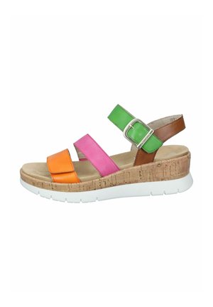 Sandale compensée avec des brides en cuir orange, rose, vert et marron, semelle en liège et caoutchouc blanc, boucle réglable, semelle intérieure douce.