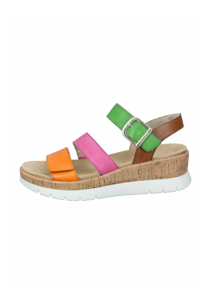 Sandale compensée avec des brides en cuir orange, rose, vert et marron, semelle en liège et caoutchouc blanc, boucle réglable, semelle intérieure douce.