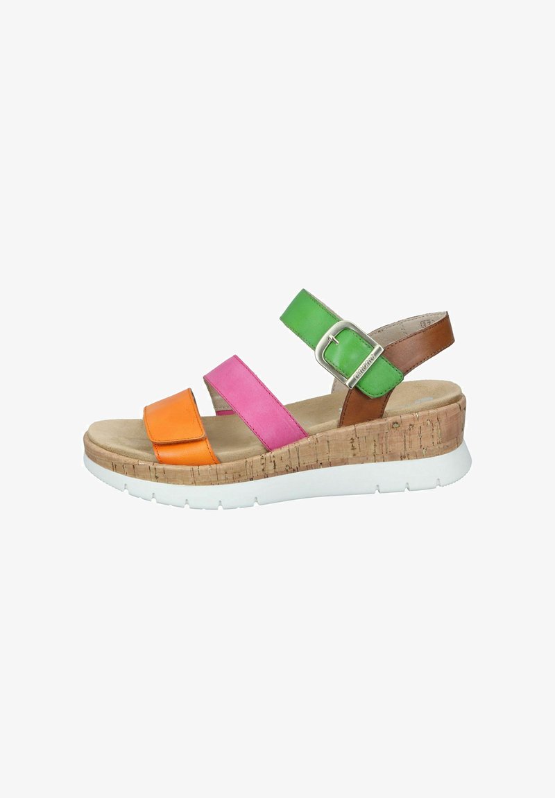 Wedge sandaal met oranje, roze, groene en bruine leren banden, kurk en witte rubberen zool, verstelbare gespsluiting, zachte voetbed.