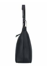 Black leather shoulder bag with a textured finish, a flat base, and an adjustable strap. Features a metal clip and decorative tassel.