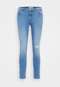 Ανοιχτού μπλε τζιν skinny παντελόνι με φθαρμένο σχέδιο στο γόνατο, φερμουάρ στους μπατζάκια και κλασικό στυλ πέντε τσεπών.