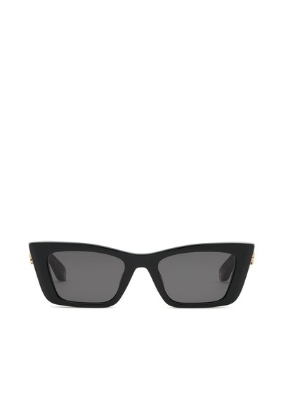 Black cat-eye sunglasses with thick frames and dark tinted lenses shown against a white background.
