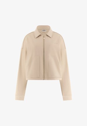 Beige cropped zip-up jacket, met een kraag, twee voorzakken en een gladde textuur met subtiele branding op de borst.