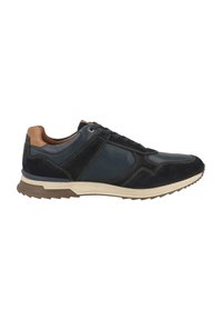 Herensneakers met een combinatie van navy leer en suède, beige accenten, een gevoerde zool en een vetersluiting met stikdetails.