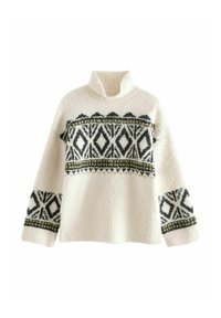 Pull en maille de couleur crème avec un col montant, présentant des motifs géométriques noirs et jaunes sur la poitrine et les manches. Texture douce.