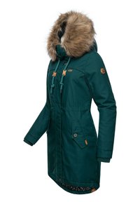 Teal parka with a faux fur-lined hood, drawstring details, two side pockets, and a slightly longer back. Features leather accents and button closures.