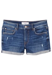 Donkerblauwe denimshorts met een verouderd effect, voorzien van een omgeslagen zoom en voorzakken. Klassieke knoopsluiting in de taille.