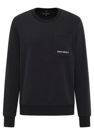 Sort sweatshirt med lange ærmer, ribbede manchetter og kant, har en brystlomme med "TUFFSKULL" logo i hvid, lavet af blødt stof.