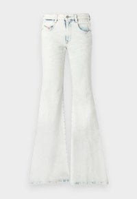 Hele sinised laienevate säärega teksad, valmistatud denimist, millel on kõrge vöökoht, õrn kulunud efekt ja lai säär. Klassikaline viie taskuga disain.