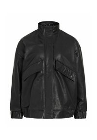 Veste en cuir noir avec un col haut, deux grandes poches avant et des poignets élastiqués. Présente une texture lisse et une coupe décontractée.