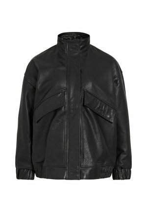 Black leather jacket with a high collar, two large front pockets, and elasticated cuffs. Features a smooth texture and relaxed fit.