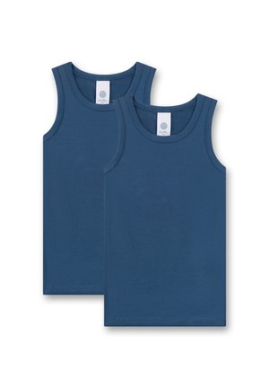 Zwei schlichte blaue ärmellose Tanktops, gestapelt und leicht überlappend, vor weißem Hintergrund dargestellt.