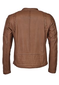 Braune Lederjacke mit glatter Oberfläche und minimalistischem Design. Rippdetails an Schultern und Rücken sowie einem geraden Saum.