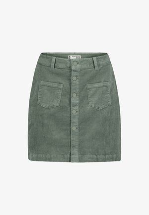 Green corduroy skirt with a straight cut, front button closure, and two front pockets. Features ribbed texture and a classic design.