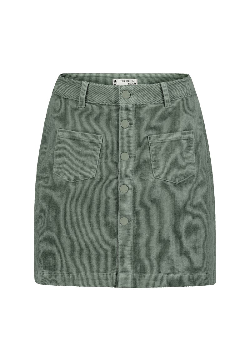 Grüner Cordrock mit geradem Schnitt, Knopfverschluss vorne und zwei Vordertaschen. Mit gerippter Textur und klassischem Design.