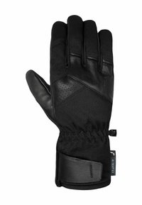 Schwarze, isolierte Handschuhe aus Leder und Textilmaterialien, mit einer strukturierten Oberfläche, verstellbarem Handgelenkriemen und einem eng anliegenden Design.