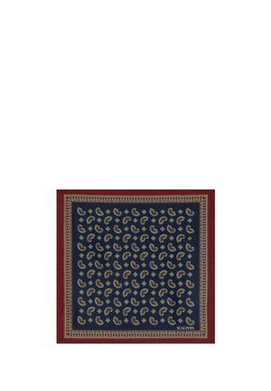 Pañuelo cuadrado azul marino con motivos de cachemira marrones, patrones geométricos y un borde rojo; logotipo "SCALPERS" en una esquina.