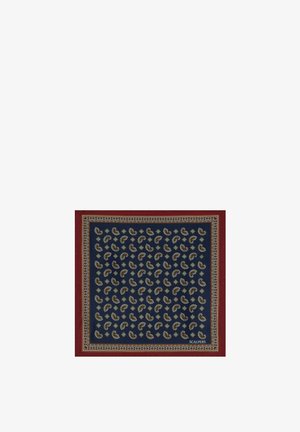 Pañuelo cuadrado azul marino con motivos de cachemira marrones, patrones geométricos y un borde rojo; logotipo "SCALPERS" en una esquina.