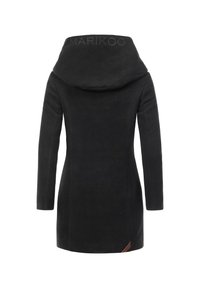Black coat with a large hood, fitted design, smooth texture, back logo, and a brown accent detail at the bottom right.