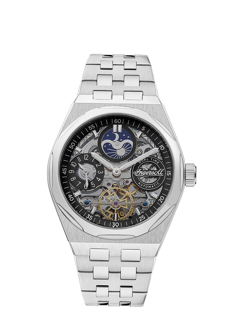 Zilveren roestvrijstalen horloge met zwarte wijzerplaat, open ontwerp dat de mechaniek laat zien, dubbele tijdsaanduiding en gedurfde markeringen.