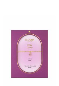 Gouden armband van premium roestvrij staal, met een roze hangersteen, gepresenteerd op paarse verpakking met bloemaccenten en tekst.