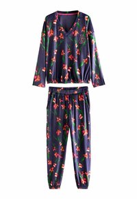 Lillemustriga kaheosaline kodukomplekt, mis sisaldab pikakäist V-kaelusega tuba ning elastse vöökohaga pükse, värvitooniga tumesinine ja roosa-oranžate lillemustritega.