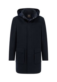 Mornarsko modra volnena jakna s kapuco, ki ima dva sprednja žepa z odkosi in zapiranje na pritisne gumbe, gladko teksturo in minimalističen dizajn.