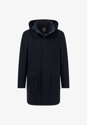 Navyblauer Wollmischungs-Mantel mit Kapuze, zwei vorderen Klappentaschen und Druckknöpfen zum Verschließen, glatte Textur und minimalistisches Design.