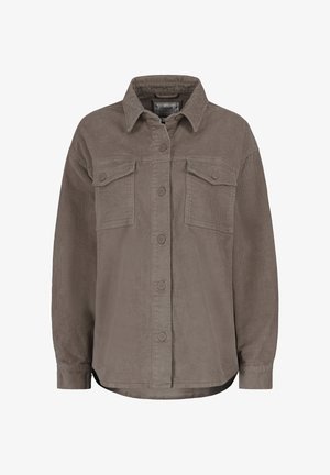 Corduroy shirt in taupe with a collared neck, front buttons, and two chest pockets. Features a relaxed fit and ribbed texture.