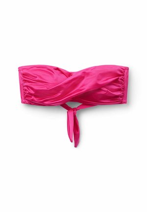 Růžový bandeau bikini vršek vyrobený z hladkého, lesklého materiálu s vzorem ve tvaru zkrouceného předního dílu a nastavitelnou šňůrkou na zadní straně.