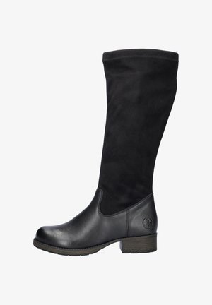 Zwarte laarzen tot aan de knieën met een leren onderkant en een bovenkant van stof. Heeft een ronde neus, een lage gestapelde hak en een logo-accent aan de zijkant.
