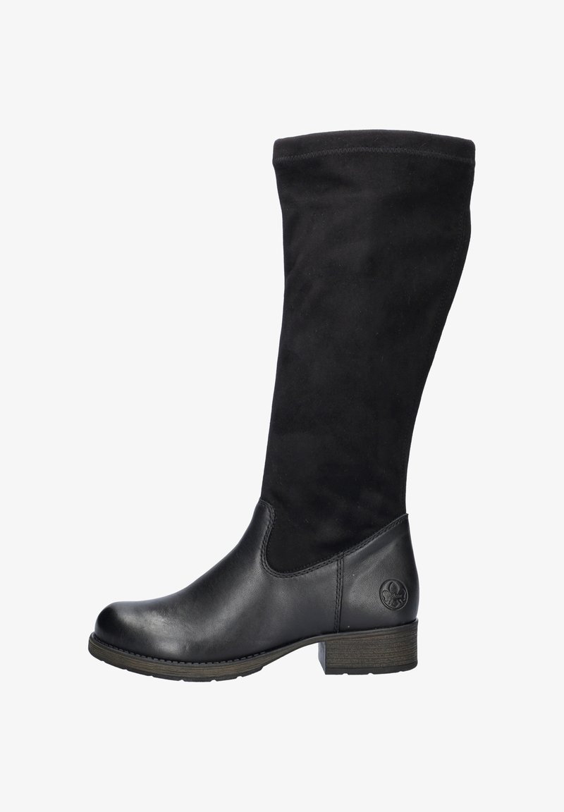 Zwarte laarzen tot aan de knieën met een leren onderkant en een bovenkant van stof. Heeft een ronde neus, een lage gestapelde hak en een logo-accent aan de zijkant.