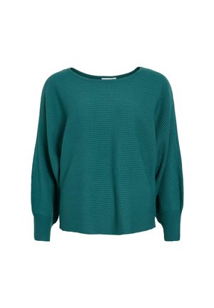 Teal-ribbad tröja med en avslappnad siluett, bred båtutskärning och försiktigt avsmalnande ärmar. Strukturerad tyg med subtila horisontella linjer.