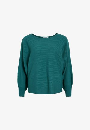 Teal geribbelde trui met een ontspannen silhouet, brede bootkraag en licht taps toelopende mouwen. Textuurstof met subtiele horizontale lijnen.