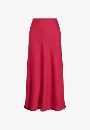 Lang A-formet nederdel i klar rød, lavet af glat stof. Har en høj talje og en flydende silhuet med en let glans.