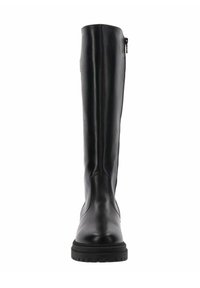 Botte en cuir noir jusqu'au genou avec un bout arrondi, fermeture éclair latérale et semelle texturée, présentant des coutures minimales et une finition lisse.
