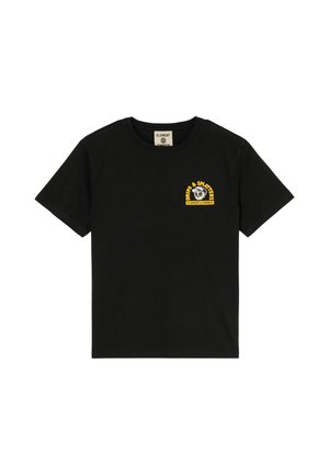 Zwart T-shirt met korte mouwen met een kleine gele afbeelding en de tekst "Drips & Splatter" op het linkerborstgebied.