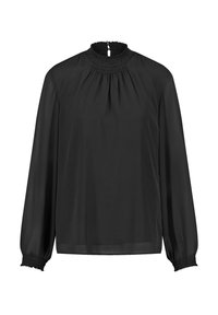 Blouse noire à manches longues avec un col montant froncé, des poignets élastiqués et un tissu lisse. Le design présente un drapé doux et des détails minimalistes.