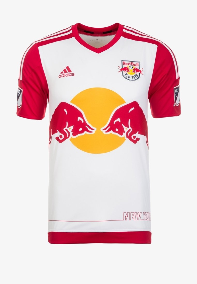 White soccer jersey with red sleeves, featuring a large yellow circle and two red bulls logo on the front. Includes "NEW YORK" text at the bottom.