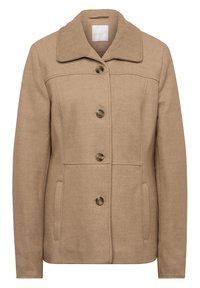 Beige wollen blend jas met een gestructureerde kraag, knoopsluiting aan de voorkant en twee zijzakken. Heeft een gladde textuur en een klassieke silhouette.