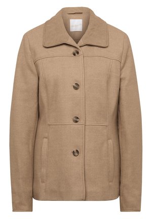 Beige wool-blend coat with a structured collar, buttoned front, and two side pockets. Features a smooth texture and classic silhouette.