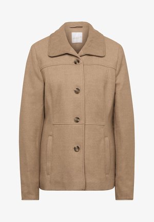 Beige wool-blend coat with a structured collar, buttoned front, and two side pockets. Features a smooth texture and classic silhouette.